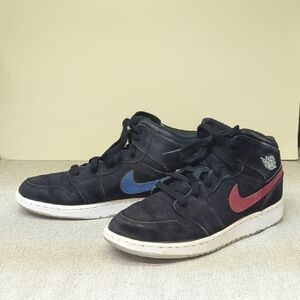 Air Jordan 1 Mid "Multi-Color Swoosh" sneakers in black nubuck with one red/blue